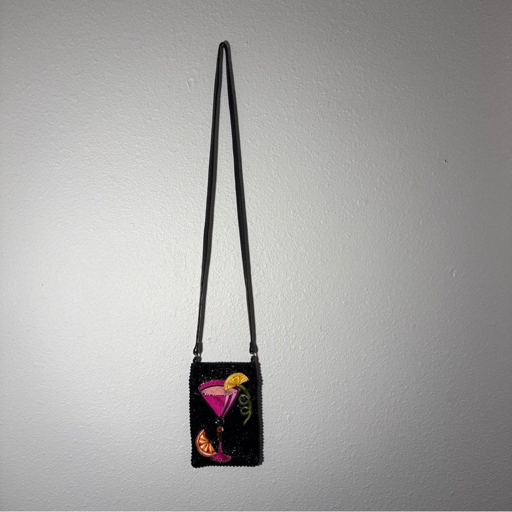 Mary Frances Take A Sip Pink Cocktail Phone Pouch Crossbody Beaded Leather Purse - Picture 2 of 6